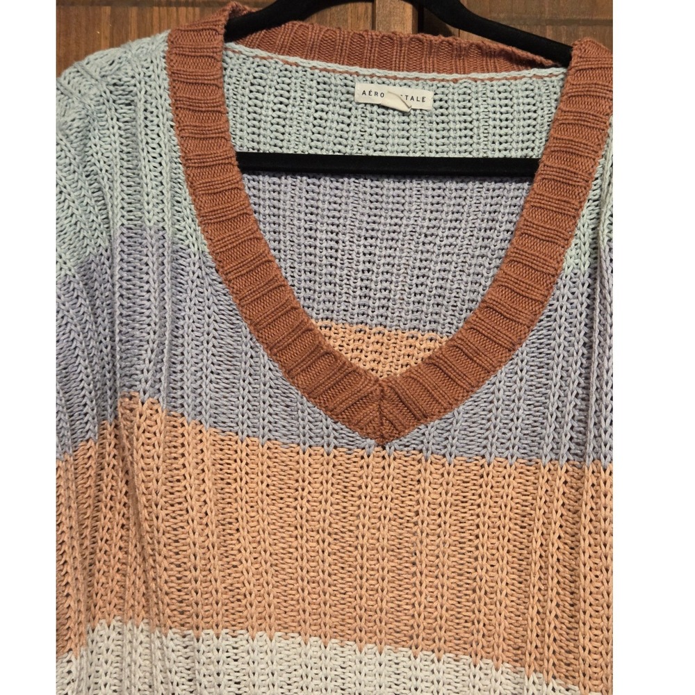 Aeropostale Striped V-Neck Sweater Womens Large Multicolor Pastel Boho Open Knit - Picture 1 of 5